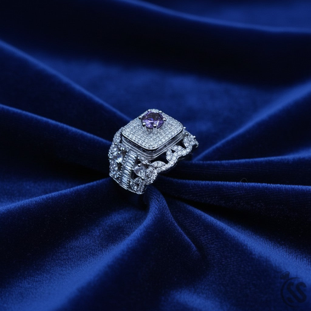 SilverStones.Pk Italian 925 sterling silver ring with purple center stone, surrounded by white crystals in an antique design. Rhodium plated.