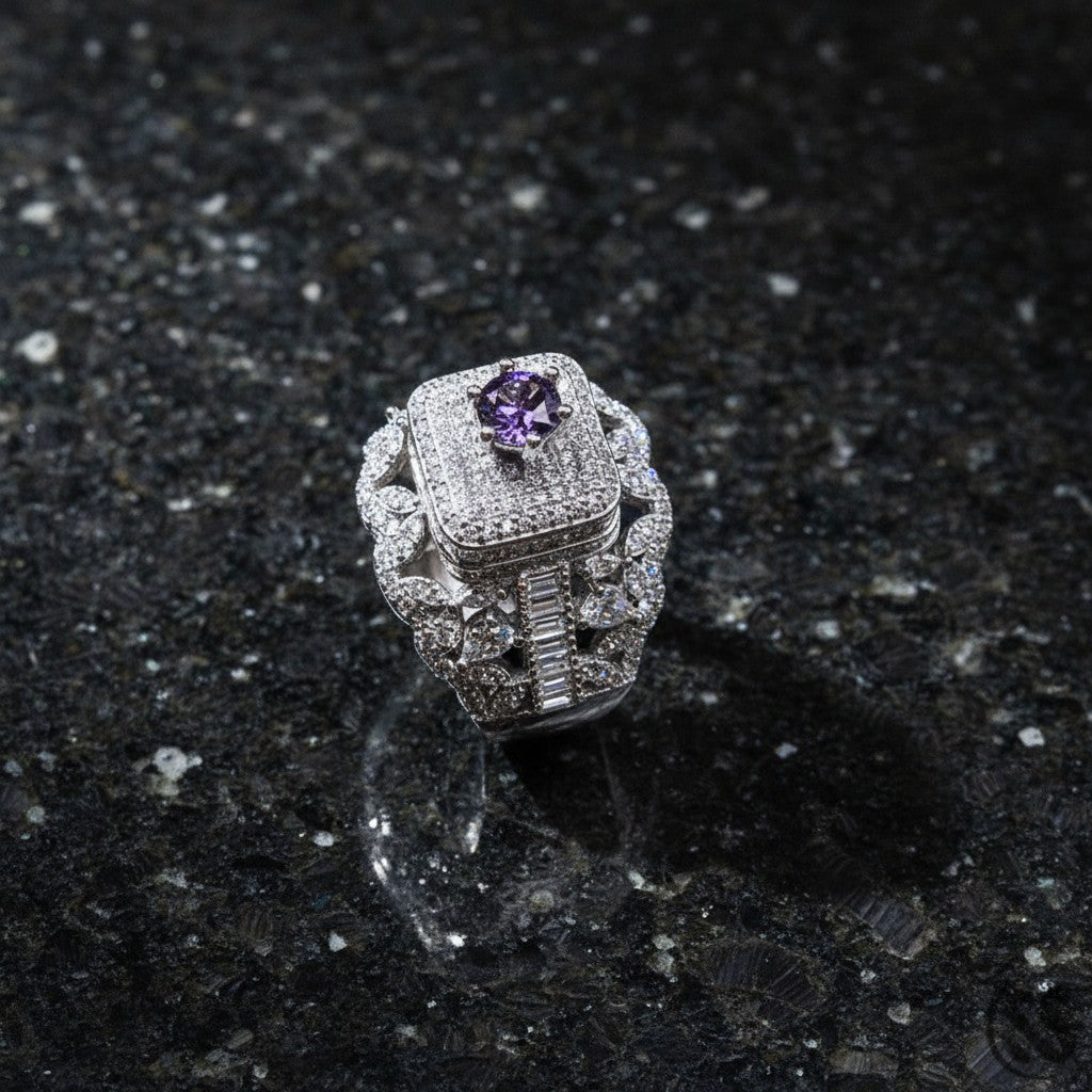 SilverStones.Pk Italian 925 Sterling Silver antique style ring with purple stone and rhodium plating.