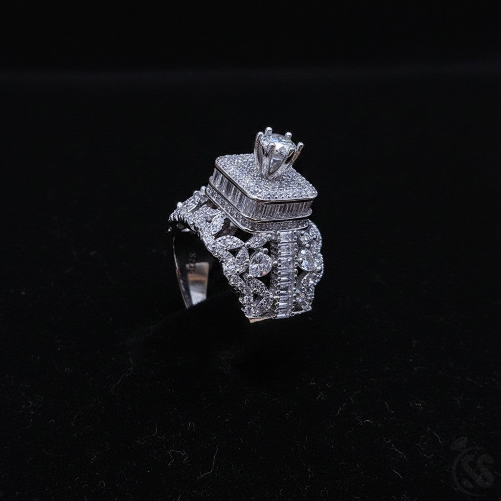 SilverStones.Pk Italian 925 sterling silver ring with intricate antique design, rhodium plating, and baguette & round cubic zirconia.