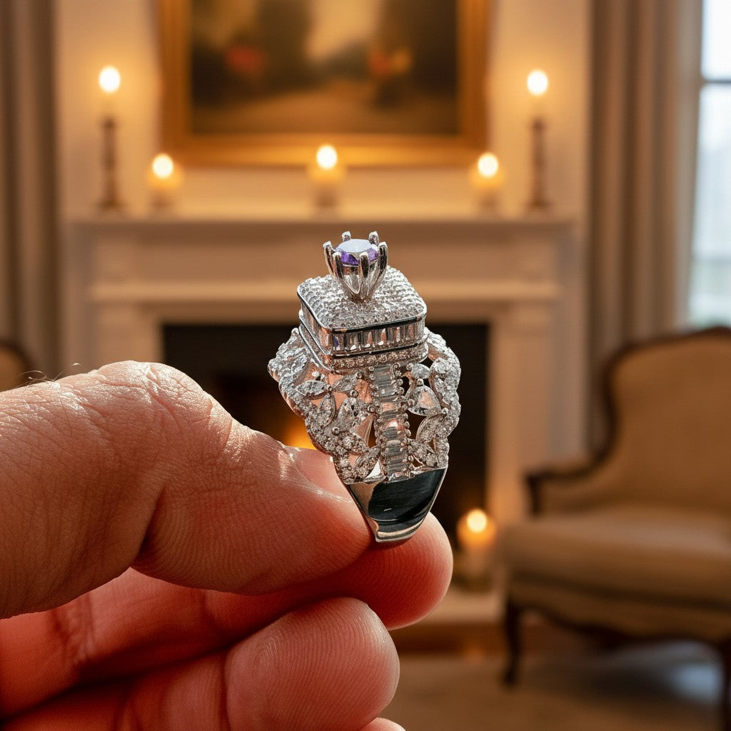 SilverStones.Pk Italian 925 sterling silver antique style ring with purple stone and rhodium plating.