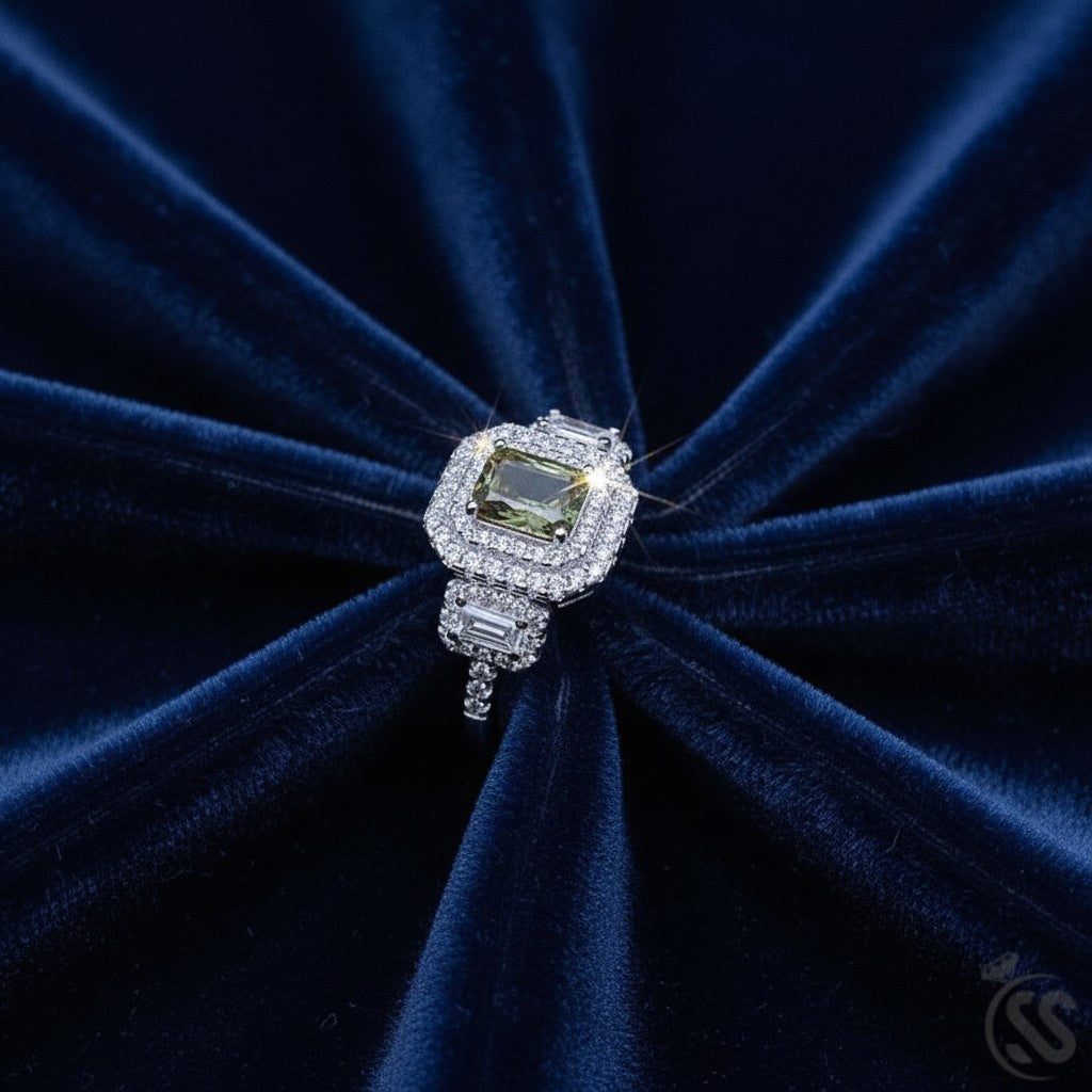SilverStones.Pk Italian 925 sterling silver ring with a central green gemstone surrounded by small clear stones.