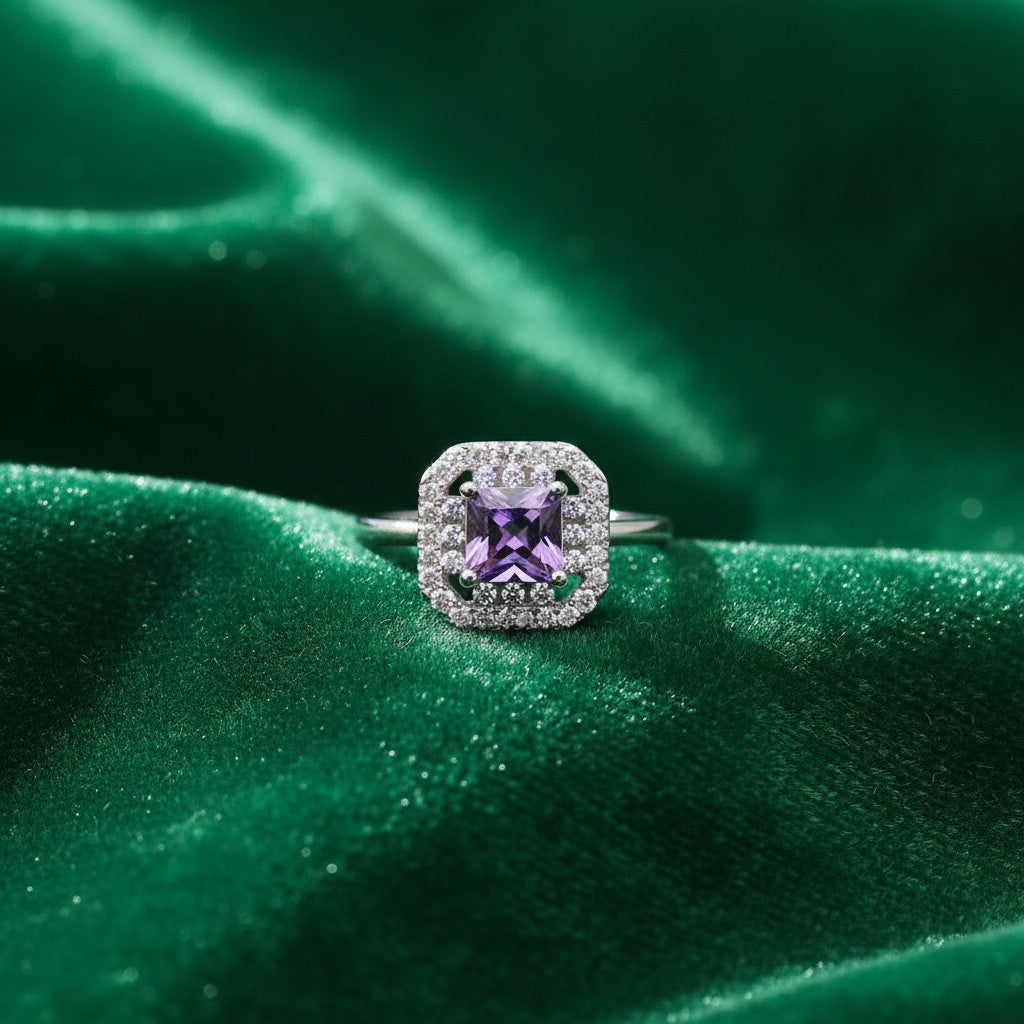 SilverStones.Pk Italian 925 sterling silver ring with a square purple zircon center and halo of small clear zircons.