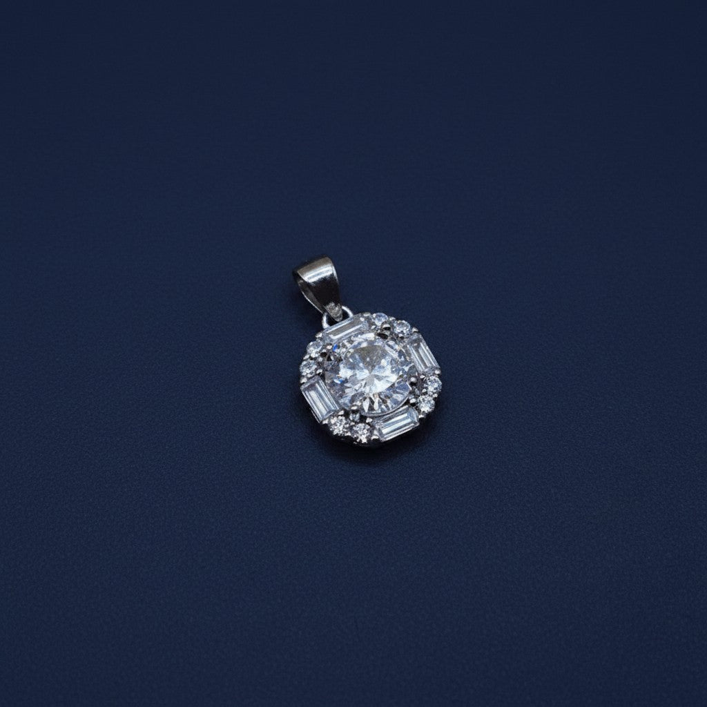 SilverStones.Pk Italian 925 sterling silver pendant with a central round zircon and surrounding baguette and round zircon stones, rhodium plated.