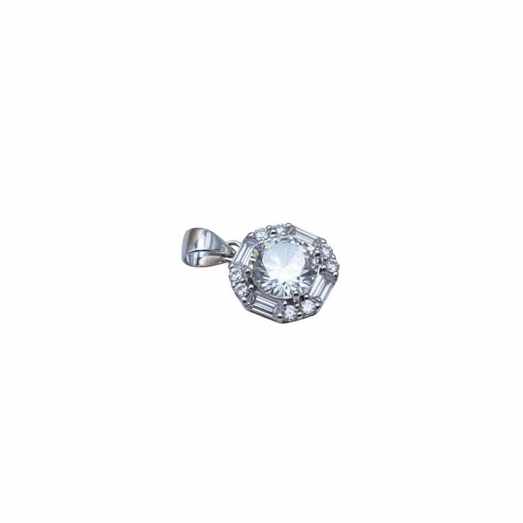 SilverStones.Pk Italian 925 sterling silver pendant with a central round zircon and a halo of baguette and round zircons. Rhodium plated.