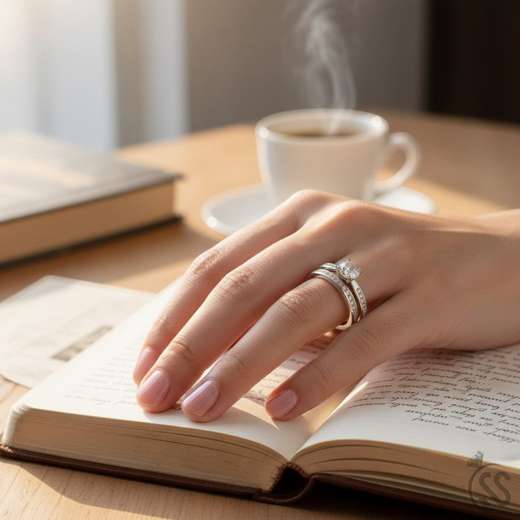 SilverStones.Pk Italian 925 sterling silver ladies ring set with white zircons. Two bands, one with a central stone, the other fully paved.