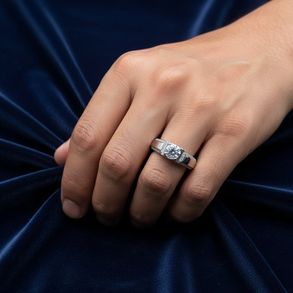 SilverStones.Pk Italian 925 sterling silver adjustable ring for gents with white zircons and rhodium plating.
