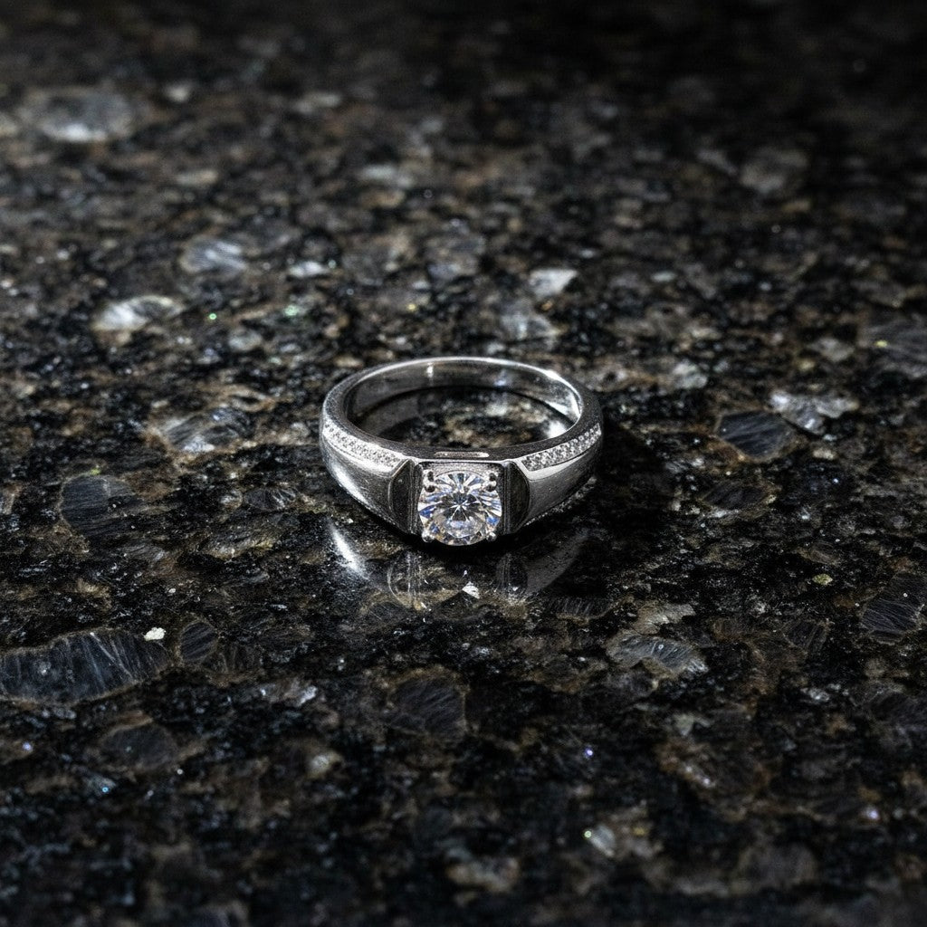 SilverStones.Pk Italian 925 sterling silver adjustable ring for gents with white zircons and rhodium plating.