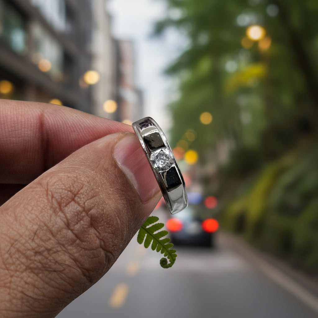 SilverStones.Pk Italian 925 Sterling Silver adjustable ring for gents with white zircons and rhodium plating.