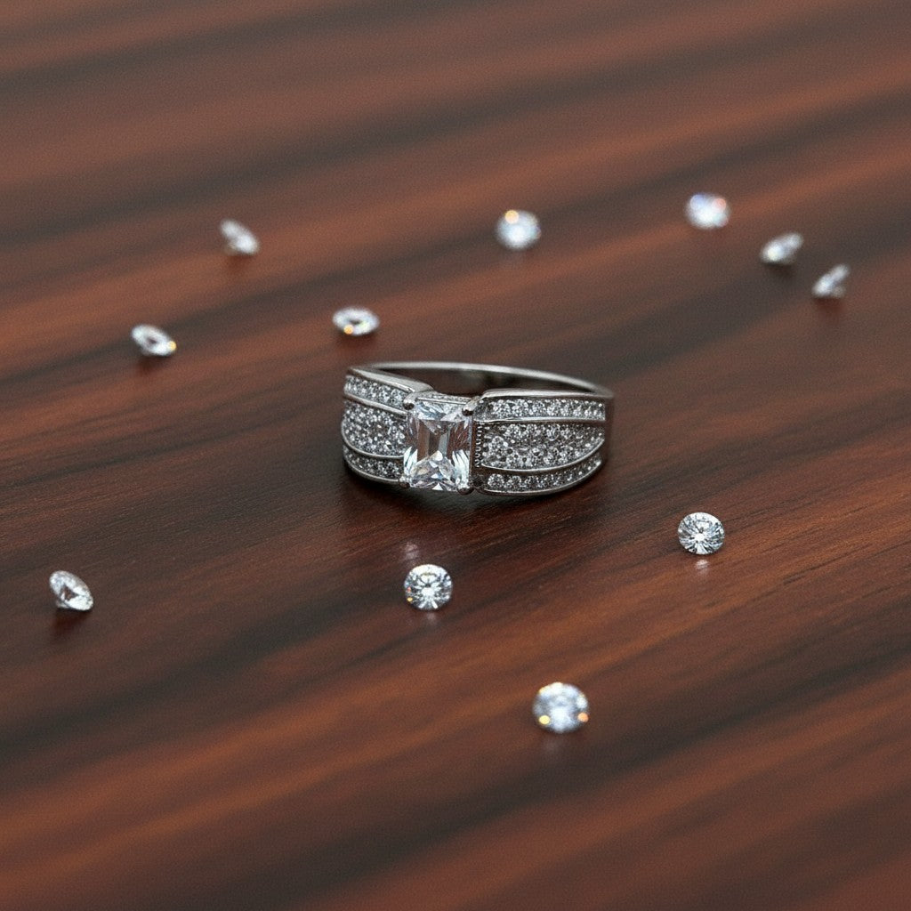 SilverStones.Pk Italian 925 sterling silver adjustable ring with white zircons and rhodium plating.