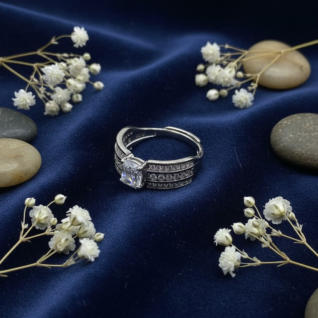 SilverStones.Pk Italian 925 Sterling Silver adjustable ring with white zircons, rhodium plated for anti-tarnish.