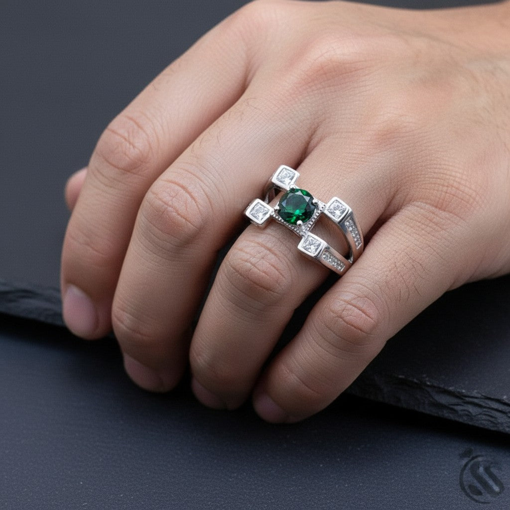 SilverStones.Pk Italian 925 sterling silver men's ring with central green emerald and surrounding clear cubic zirconia stones.