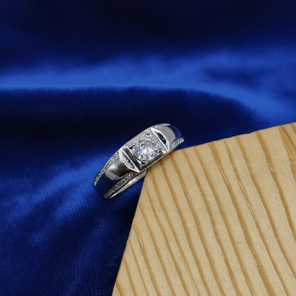 SilverStones.Pk Italian 925 sterling silver adjustable ring for gents with white zircons and rhodium plating.