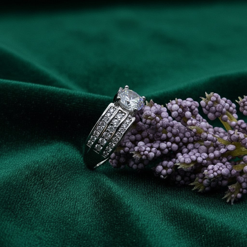 SilverStones.Pk Italian 925 Sterling Silver Ring with white zircons and rhodium plating, adjustable unisex design.