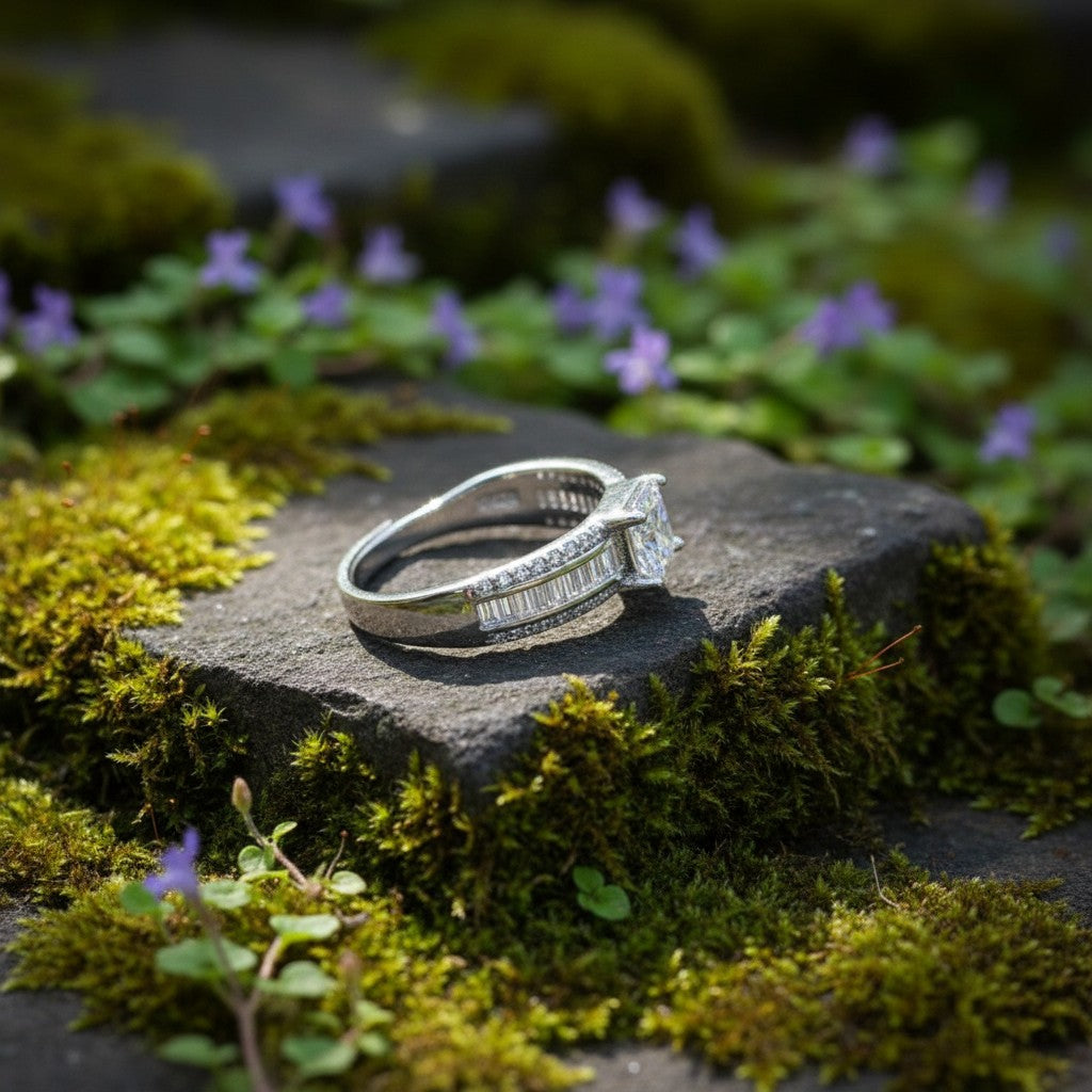 SilverStones.Pk Italian 925 sterling silver adjustable ring with white zircons and rhodium plating.