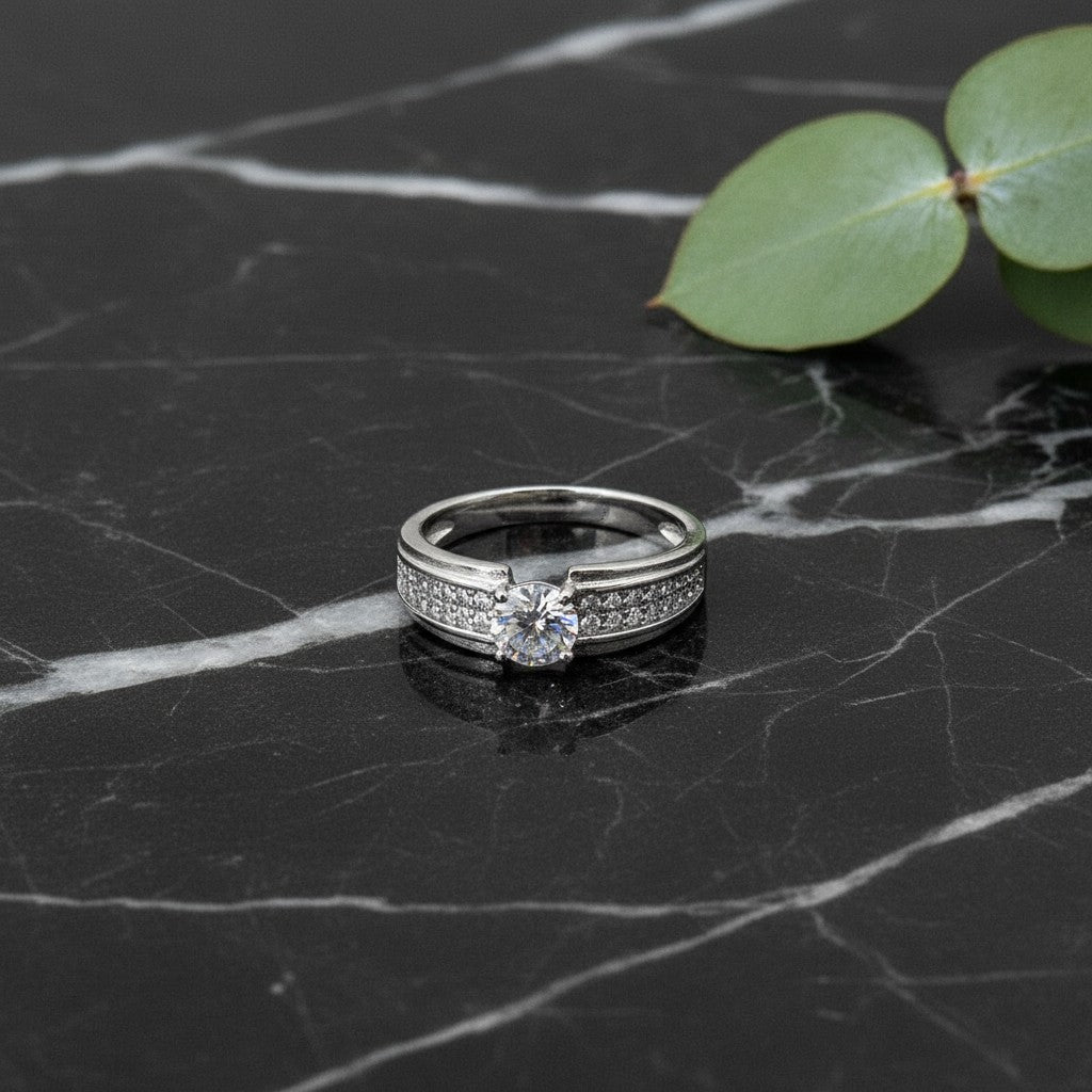 SilverStones.Pk Italian 925 Sterling Silver adjustable ring with white zircon stones and rhodium plating.