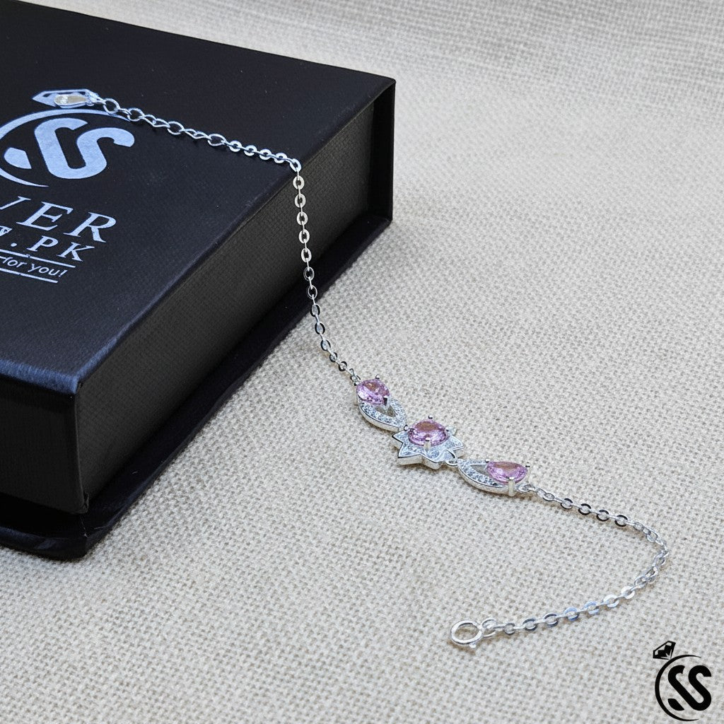 SilverStones.Pk elegant 925 Italian silver bracelet with pink zircon stones and delicate chain.