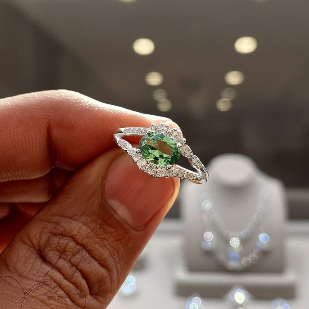SilverStones.Pk 925 Italian silver ring with oval green zircon and small clear zircons. Elegant, hypoallergenic.