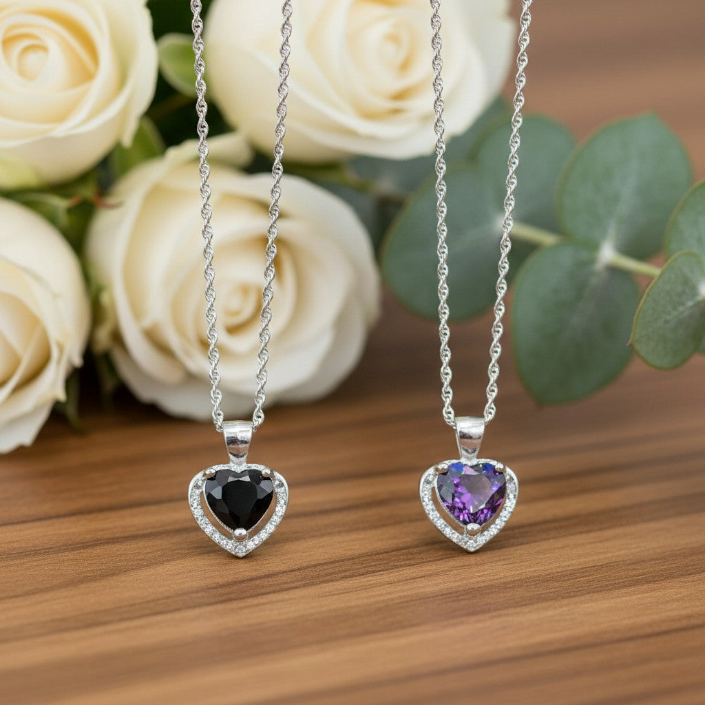 SilverStones.Pk Italian 925 Sterling Silver heart pendant necklace with black and purple zircons, rhodium plated.