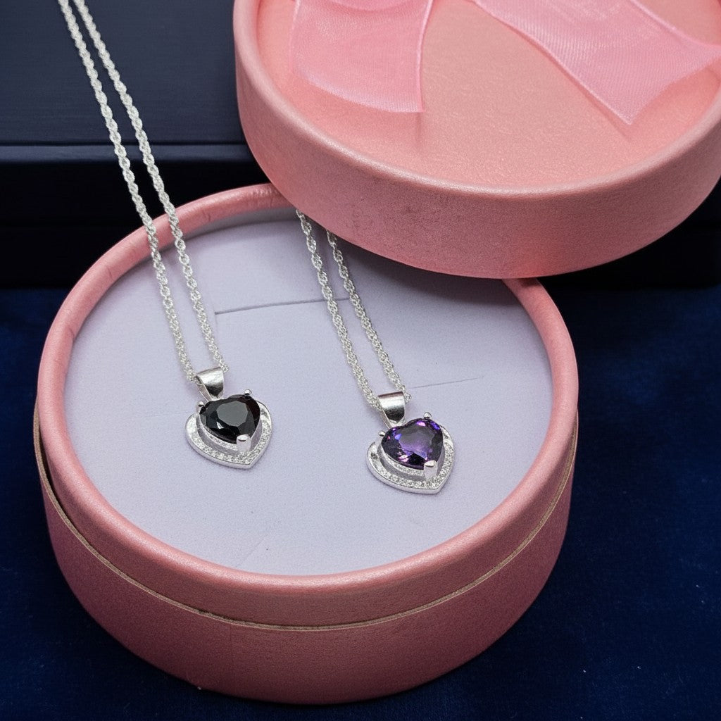SilverStones.Pk Italian 925 Sterling Silver heart pendant necklace with purple and black zircons, rhodium plated.