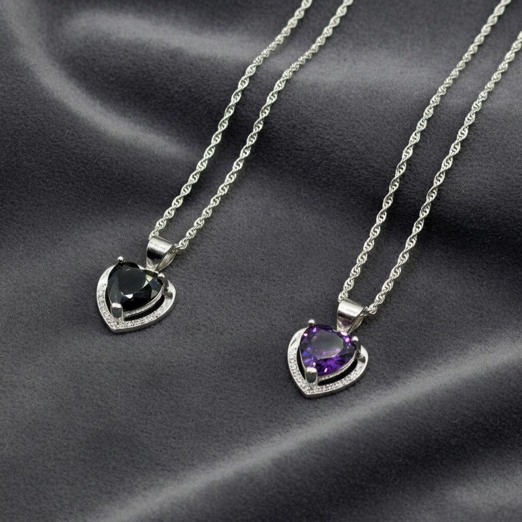 SilverStones.Pk Italian 925 sterling silver necklace with a heart-shaped pendant, featuring a dark green or purple stone surrounded by white zircons.