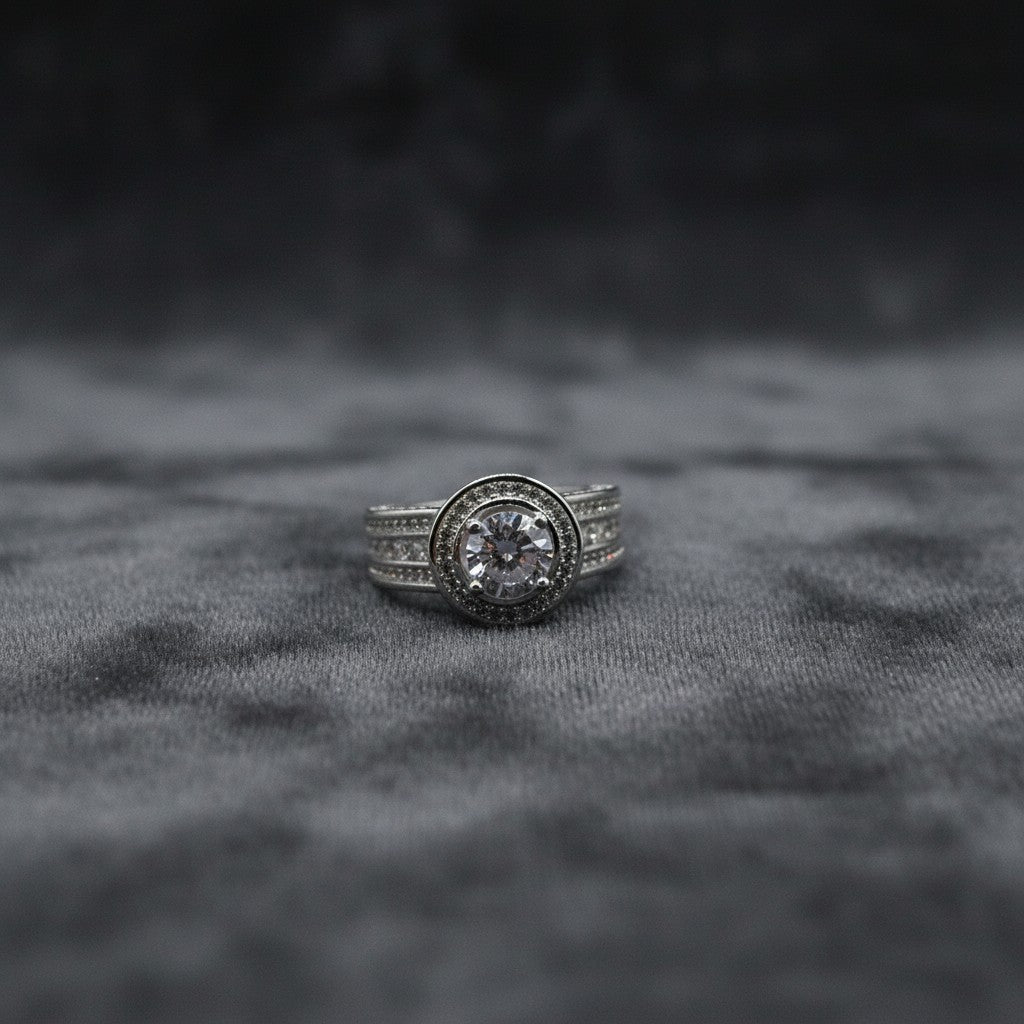 SilverStones.Pk 925 Italian silver ring with 1 carat moissanite diamond center and micro zircon accents.