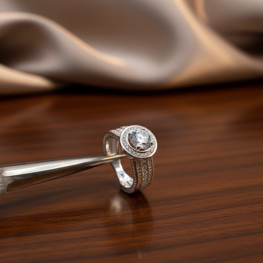 SilverStones.Pk 925 Italian silver ring with 1 carat moissanite diamond center and micro zircon accents. High polish finish.