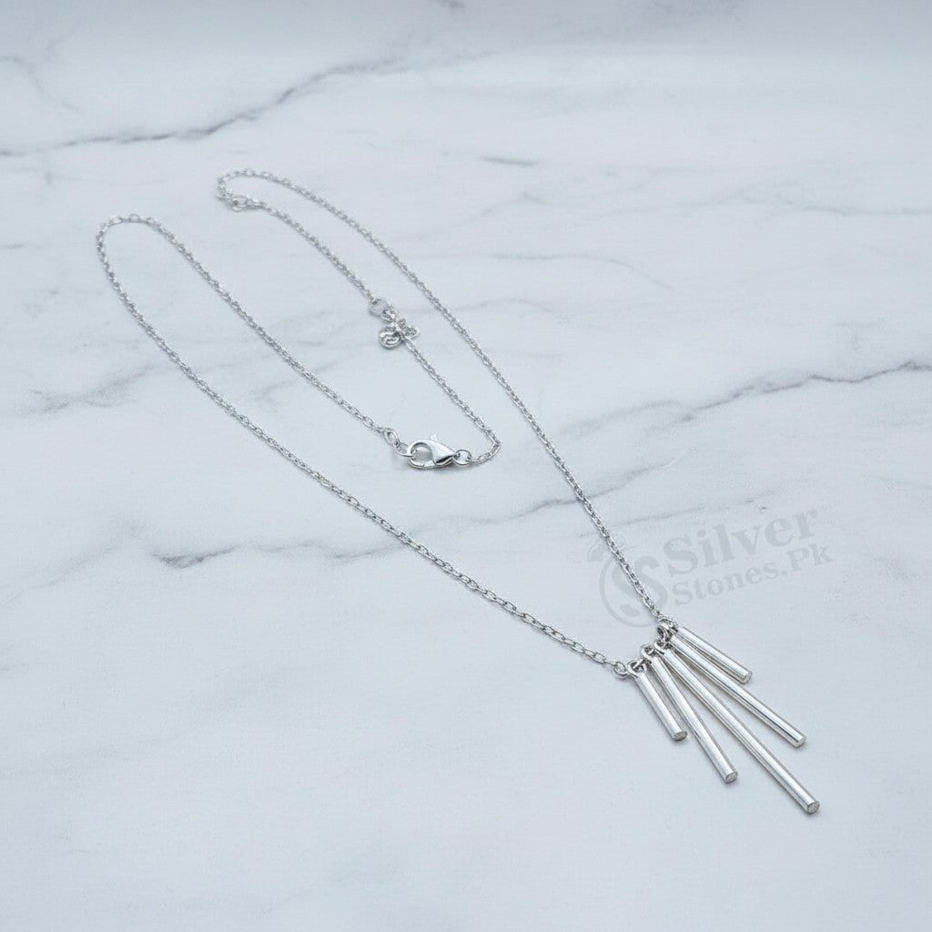 SilverStones.Pk Italian 925 sterling silver necklace with a delicate chain and a pendant of five vertical silver bars.