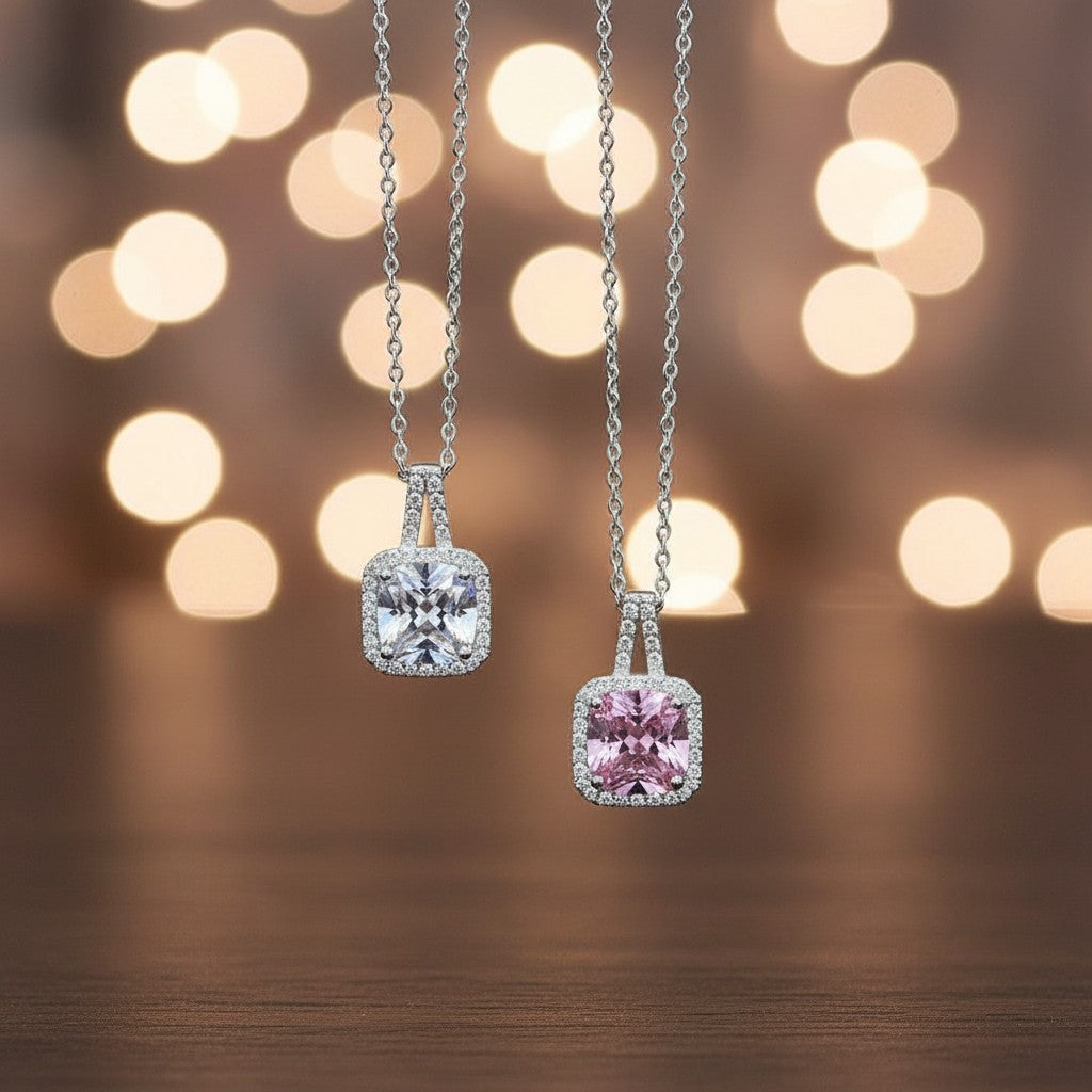 SilverStones.Pk Italian 925 sterling silver necklace with square pendant, white zircons, rhodium plated.