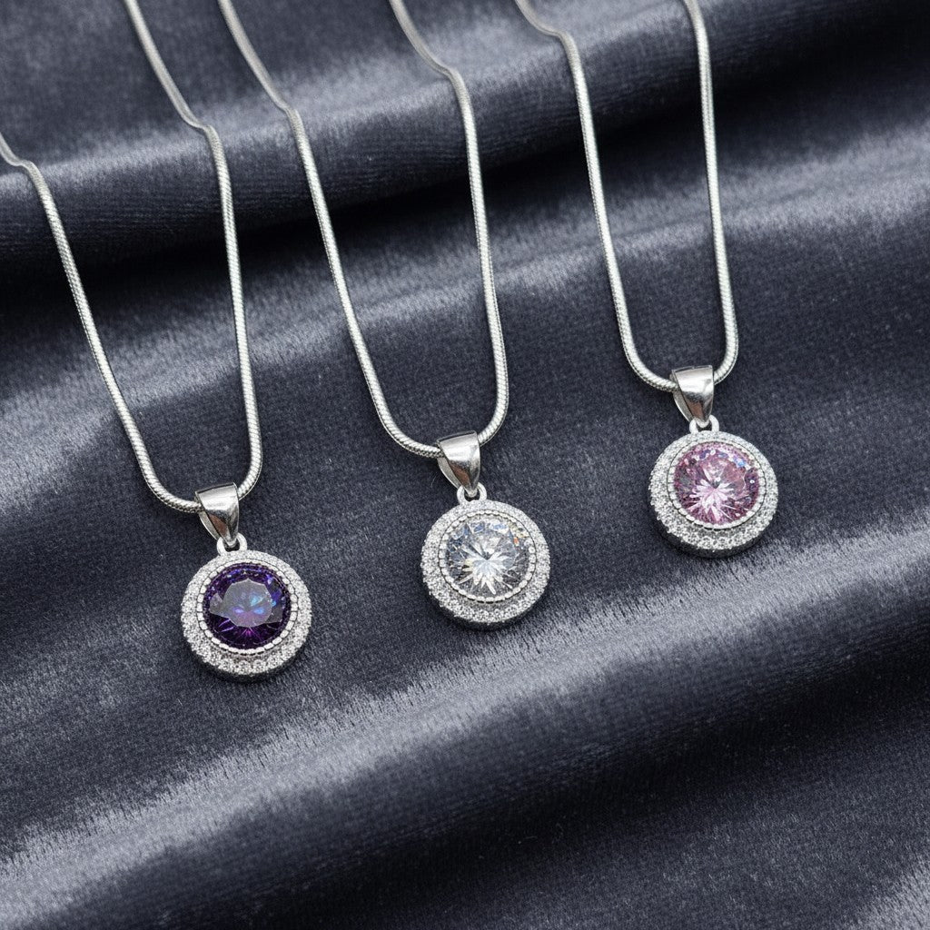 SilverStones.Pk Italian 925 sterling silver necklace with round pendant featuring purple, white, or pink zircons and a rhodium-plated chain.
