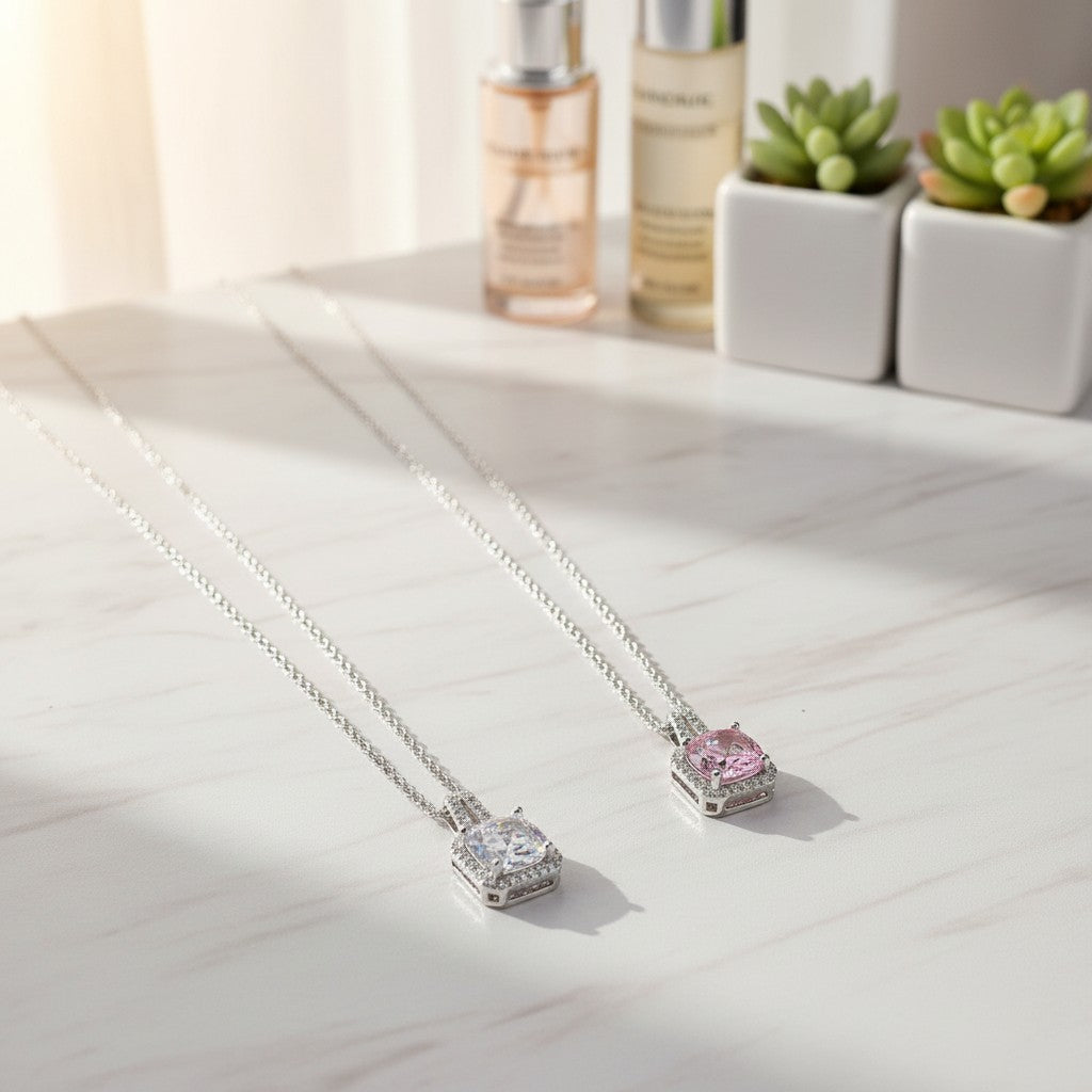 SilverStones.Pk Italian 925 Sterling Silver pendant necklace with a square-cut white zircon surrounded by smaller stones on a delicate chain.