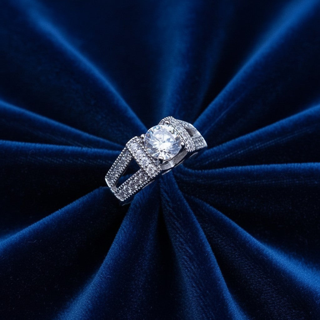 SilverStones.Pk 925 Italian sterling silver ladies ring with round cut zircons and channel set stones on band.