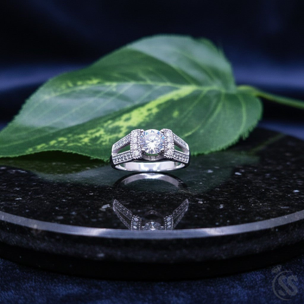 SilverStones.Pk 925 Italian sterling silver ring with round cut zircons and pave band. Elegant ladies ring.