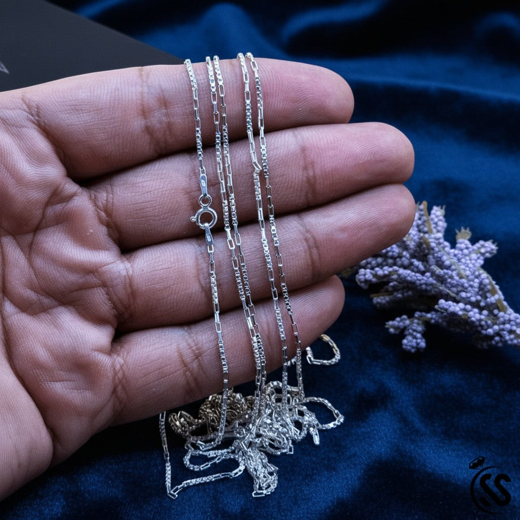SilverStones.Pk 925 Italian sterling silver chain for ladies, delicate box link design with high-polish finish.
