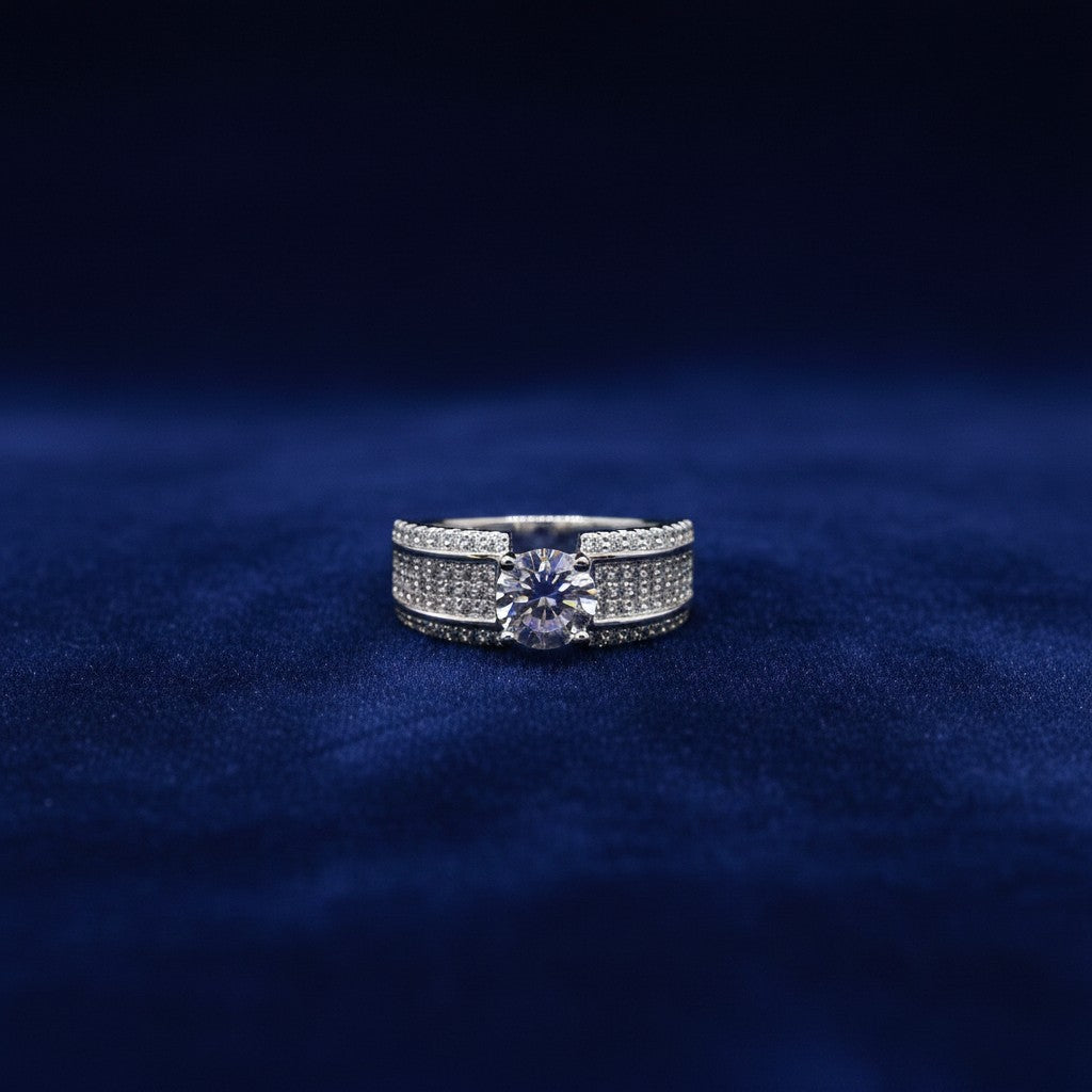 SilverStones.Pk unisex adjustable ring crafted from 925 Italian sterling silver with a central moissanite diamond and micro zircon stones.