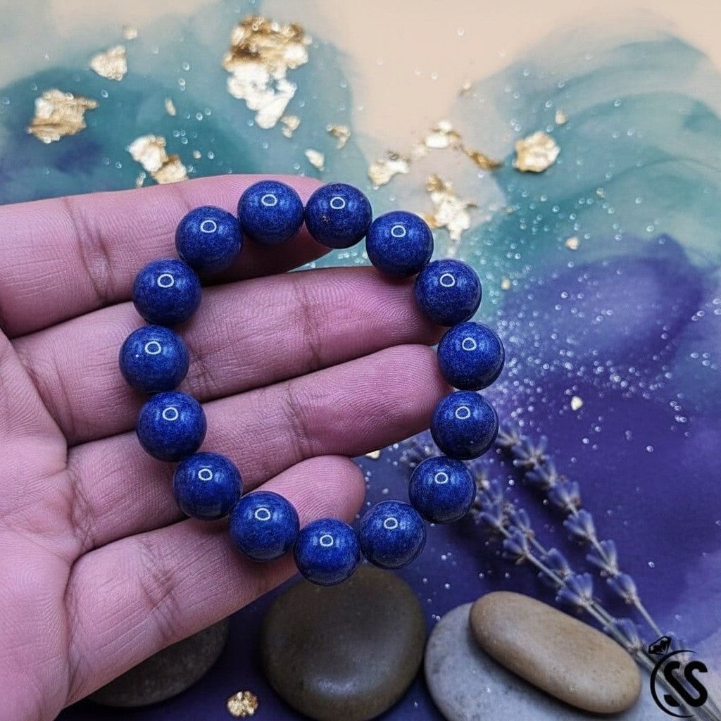 SilverStones.Pk Lapis Lazuli (Lajward) real stone beaded bracelet with gold pyrite flecks, unisex design.