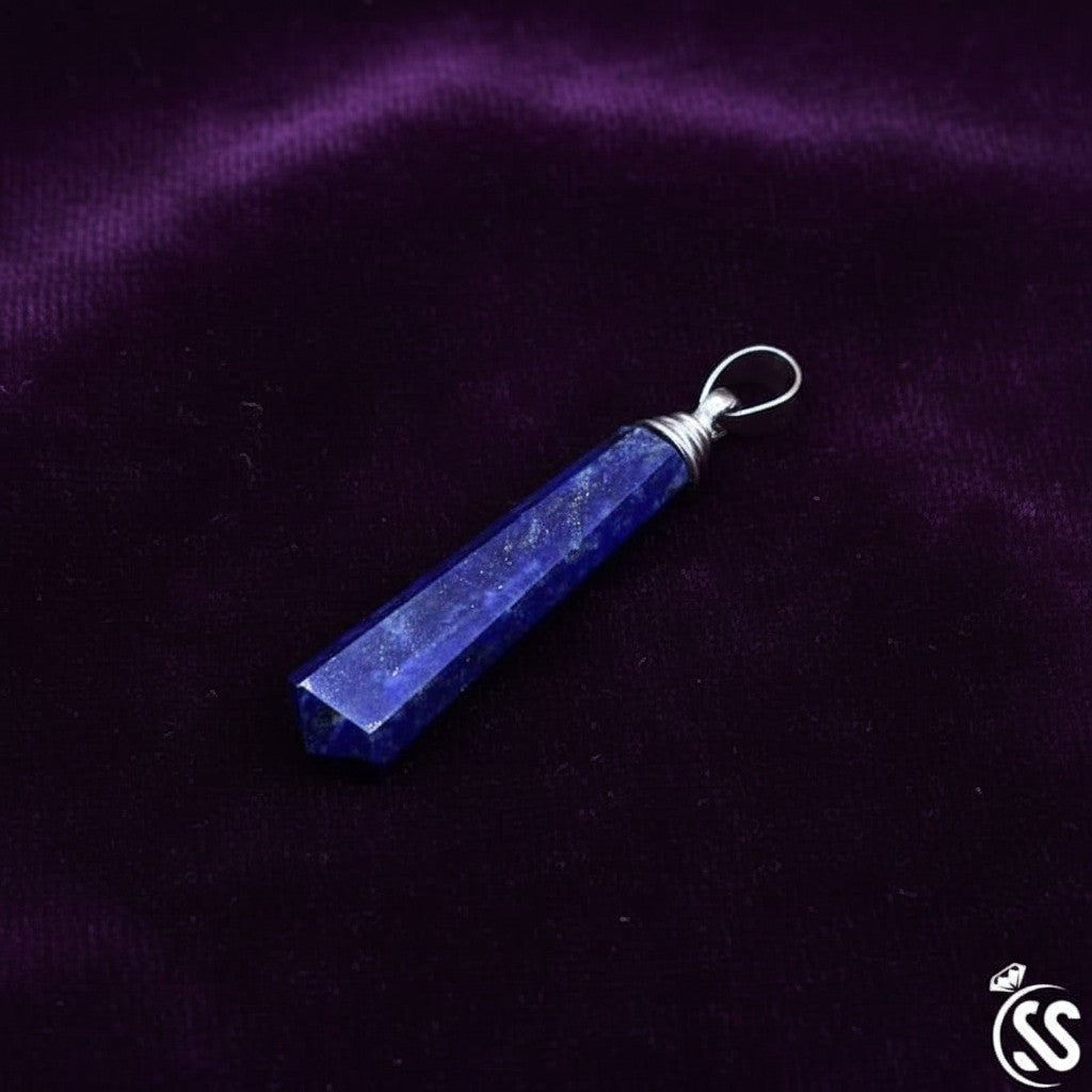 SilverStones.Pk Lapis Lazuli faceted pendant with gold flecks and silver hook. Natural stone jewelry.