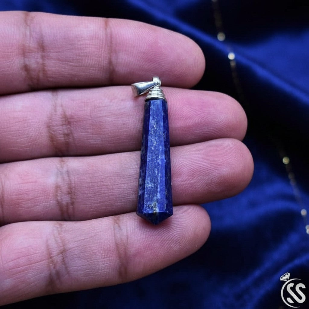 SilverStones.Pk faceted lapis lazuli pendant with gold flecks and silver hook. Natural stone, deep blue.