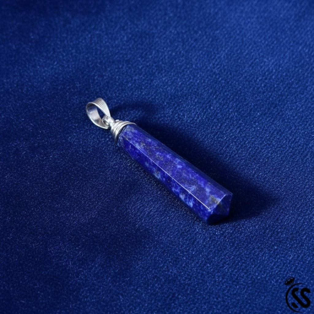 SilverStones.Pk deep blue lapis lazuli pendant with gold flecks and silver hook. Faceted gemstone.