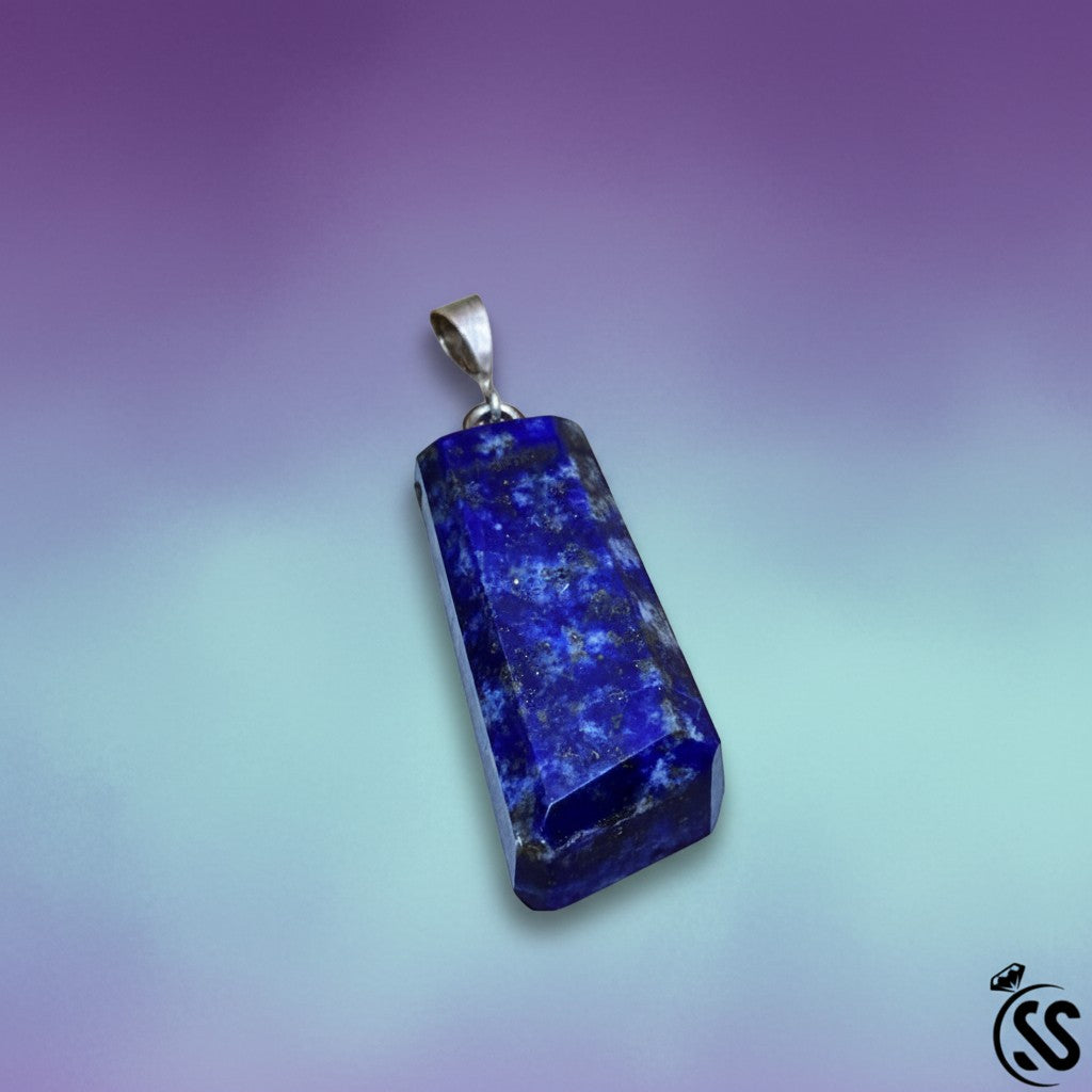 SilverStones.Pk rectangular lapis lazuli pendant with gold flecks and metal hook. Natural stone, deep blue.