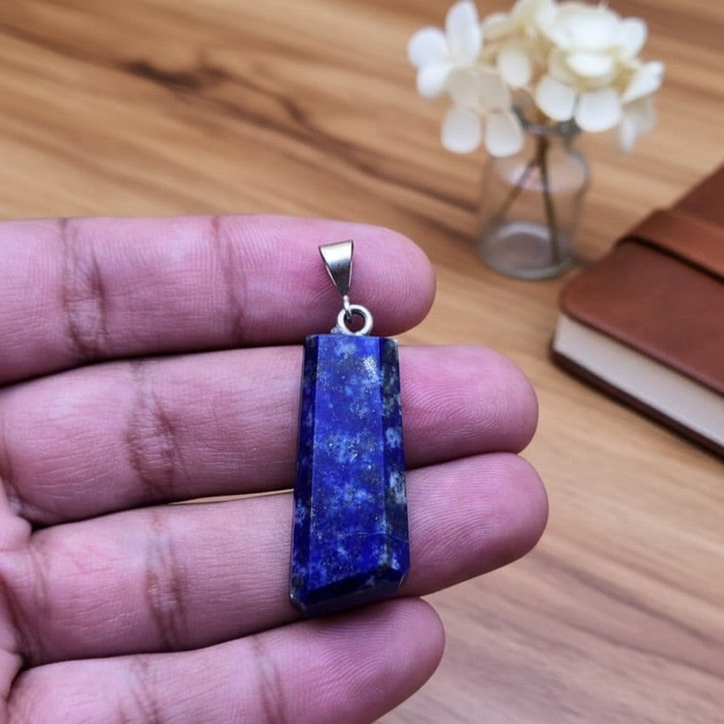 SilverStones.Pk Lapis Lazuli pendant, faceted deep blue natural stone with gold pyrite flecks, silver metal hook.