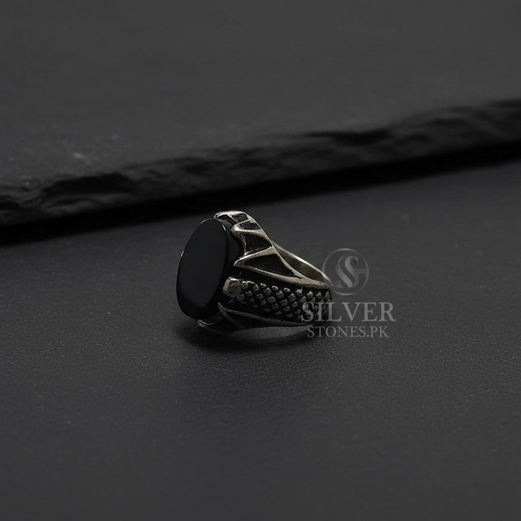 SilverStones.Pk men's silver ring with oval black aqeeq stone and intricate detailing. Turkish chandi craftsmanship.