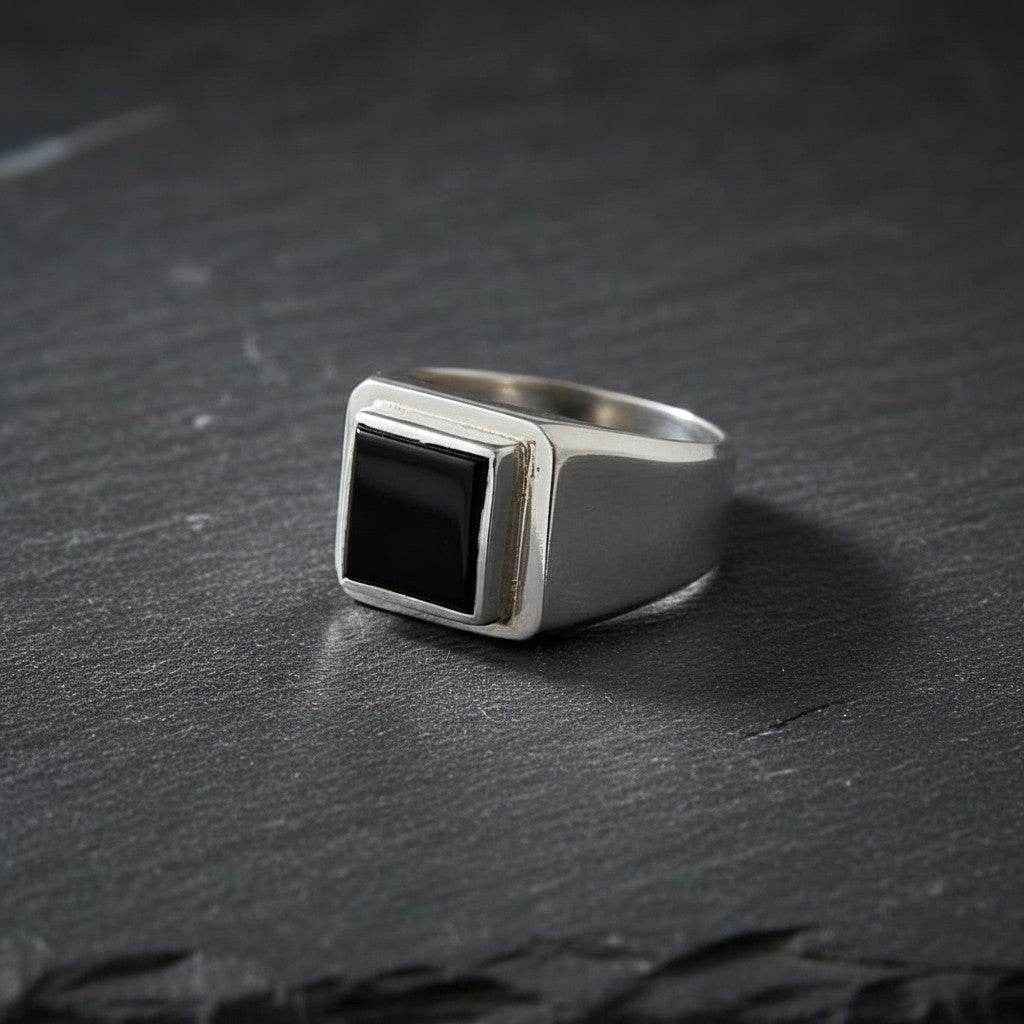 SilverStones.Pk men's sterling silver ring with a square black onyx inlay. Polished silver band.