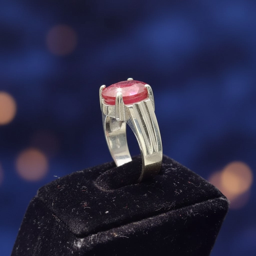 SilverStones.Pk men's silver ring with a large oval red ruby gemstone. Masculine design.