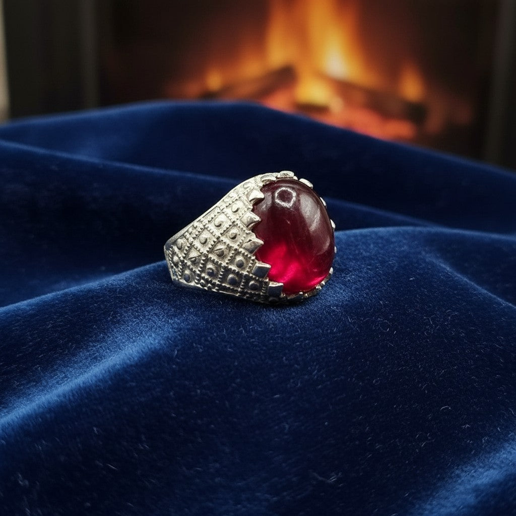 SilverStones.Pk men's silver ring with a large, oval, deep red Irani Anari Yaqoot (Ruby) gemstone. Intricate textured band.
