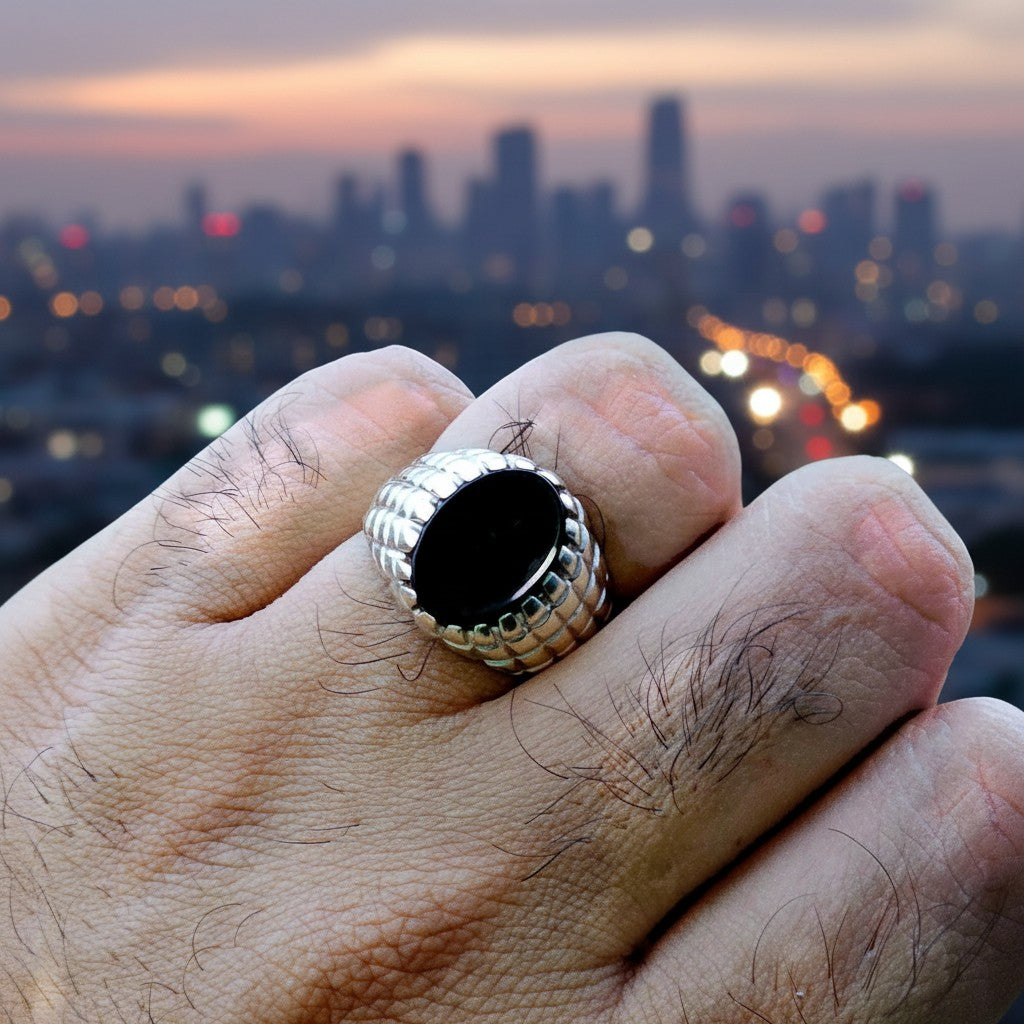 SilverStones.Pk men's silver ring with a black oval Aqeeq stone and textured band.