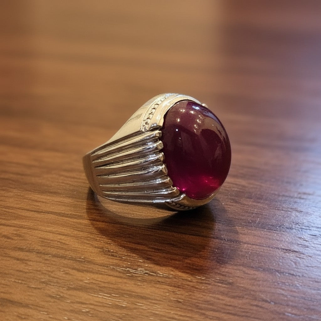 SilverStones.Pk men's silver ring with a large, oval, deep red Irani Yaqoot gemstone. Features a textured band.