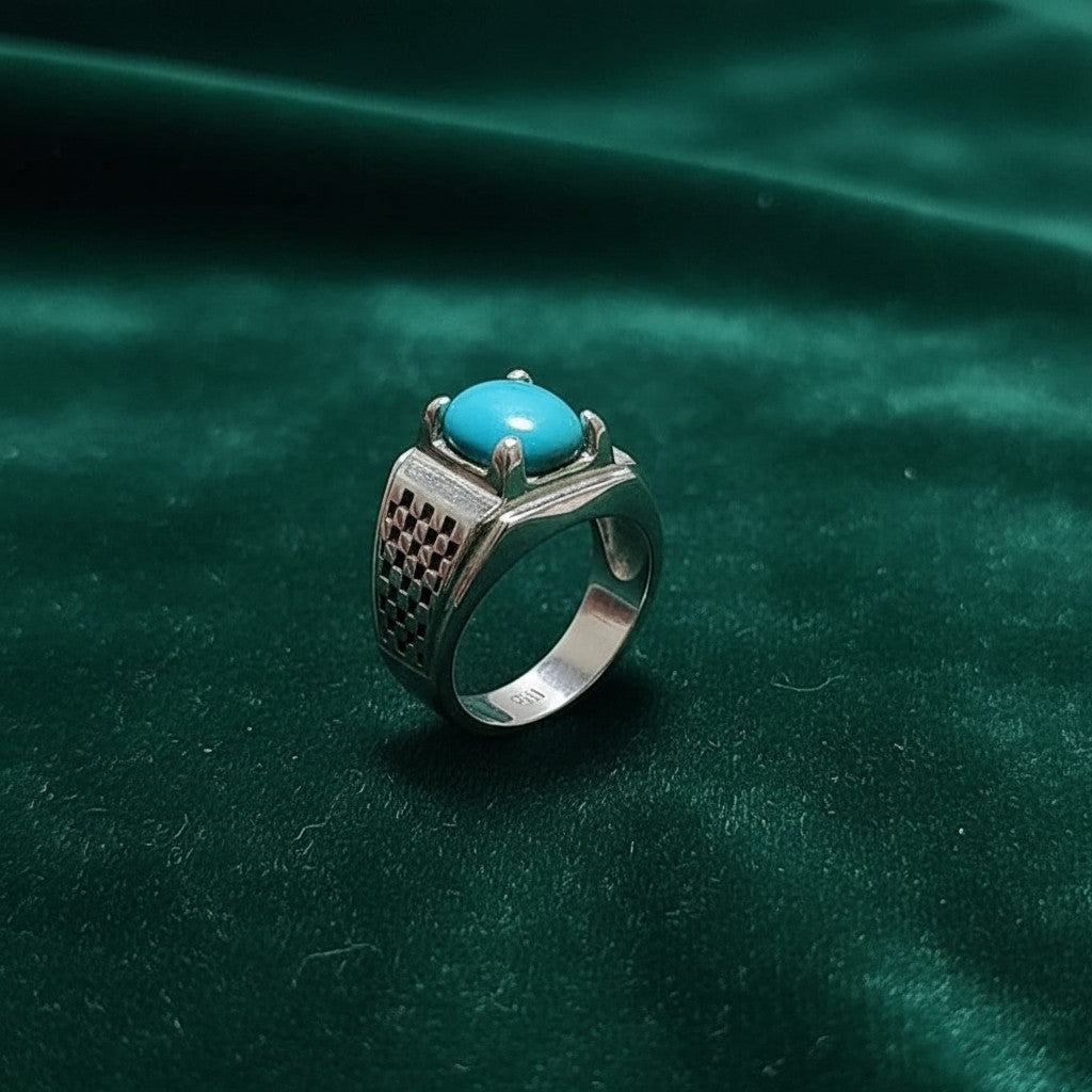 SilverStones.Pk men's silver ring with a genuine Irani Shajri Feroza turquoise stone. Features a masculine design with checkered pattern.