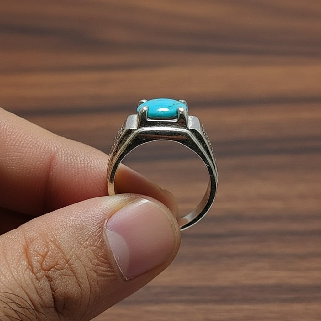 SilverStones.Pk men's silver ring with a genuine Irani Shajri Feroza turquoise gemstone. Features a masculine design with intricate detailing.