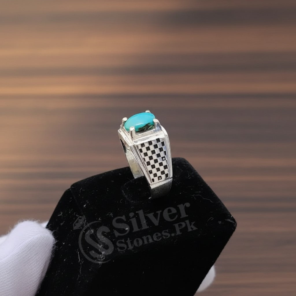 SilverStones.Pk men's ring with oval Irani Shajri Feroza gemstone and checkered silver band.