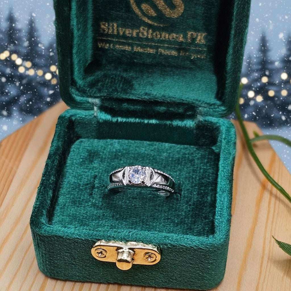 SilverStones.Pk men's 0.8 carat Moissanite diamond ring in Italian 925 sterling silver with rhodium plating. Features a brilliant center stone and smaller stones on the band.